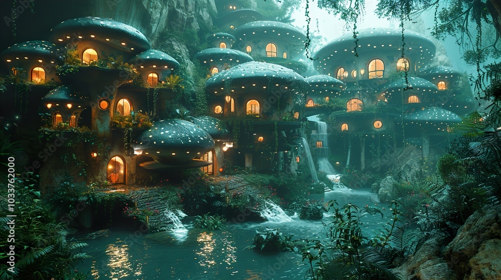 Enchanted Mushroom Homes in a Lush Forest Enchanted Mushroom Homes in a Lush Forest