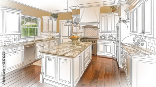 Kitchen Renovation Design Sketch with Granite Countertops and Wood Floors