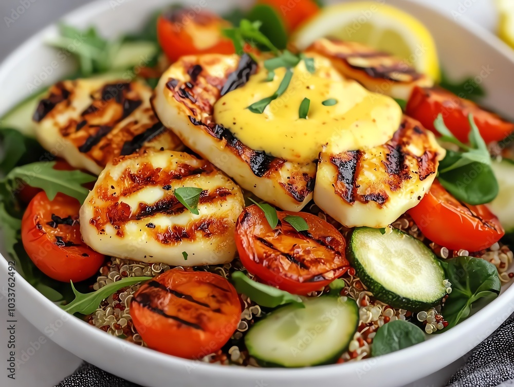 Grilled halloumi cheese served atop a fresh salad with tomatoes, cucumbers, and a lemon dressing for a healthy meal. Grilled halloumi cheese served atop a fresh salad with tomatoes, cucumbers, and a lemon dressing for a healthy meal.