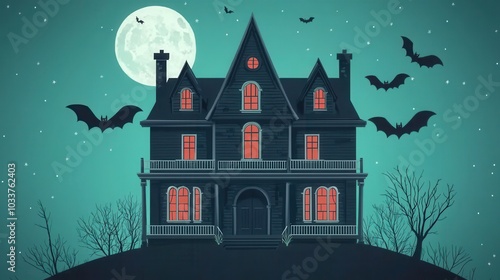 Wallpaper Mural Haunted house on a hill, bats flying in the moonlight, flat design illustration Torontodigital.ca
