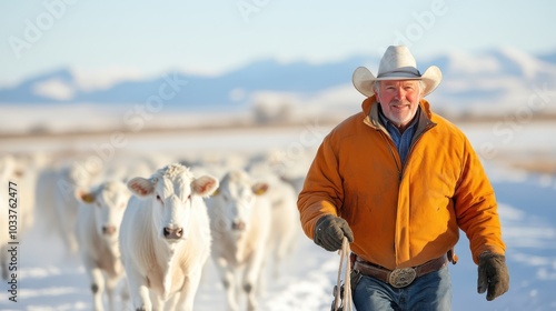 An older cowboy in an orange jacket leads a group of calm white cows across a wide open snowy field, mountains visible distantly behind him under clear blue skies. photo