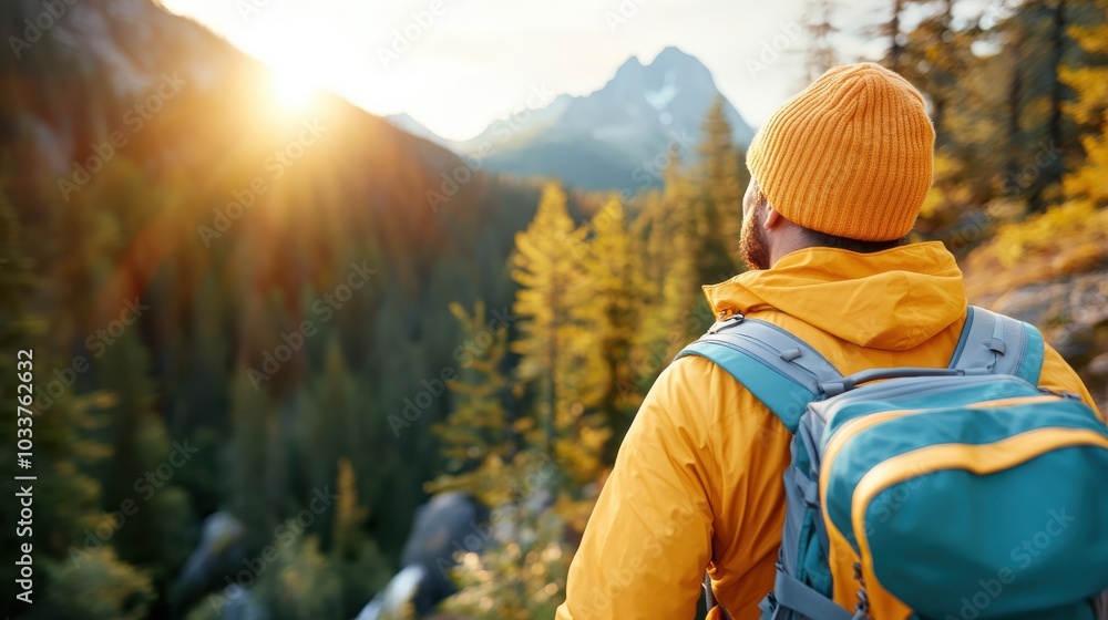 An explorer, wearing an orange-yellow outfit, stands captivated by a sun-drenched forest path leading towards distant mountains, illustrating exploration and serenity. An explorer, wearing an orange-yellow outfit, stands captivated by a sun-drenched forest path leading towards distant mountains, illustrating exploration and serenity.