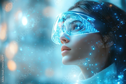 Woman in futuristic glasses looking up. This photo is perfect for illustrating themes of technology, innovation, and virtual reality.