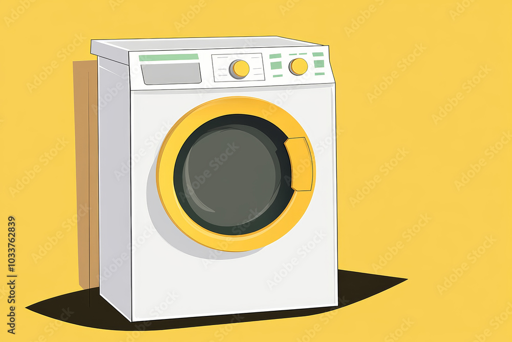 Bright yellow washing machine on display in a clean Bright yellow washing machine on display in a clean