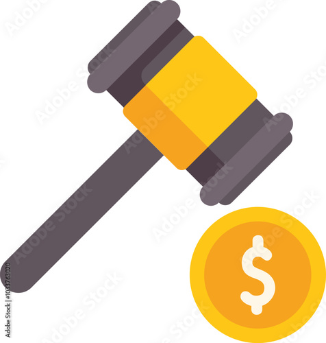 Judge hammer striking dollar coin in flat style, representing a legal decision related to finance