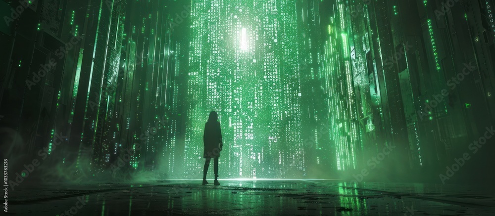 Obraz premium Mesmerizing Digital Labyrinth Navigating the Infinite Realms of Futuristic Technology through a Captivating Silhouetted Figure in a Surreal