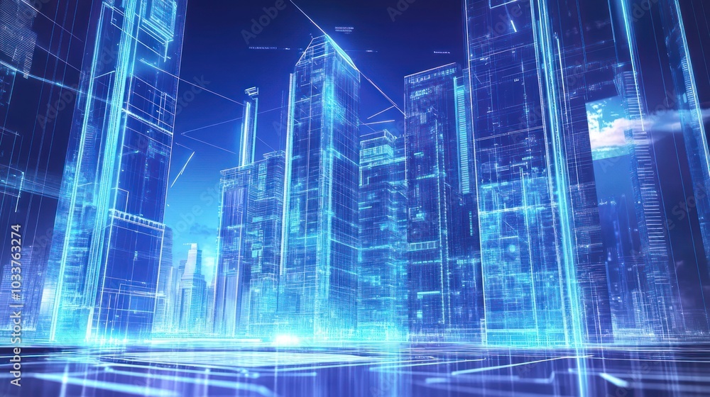 Abstract Cityscape with Glowing Blue Lines and Grids Abstract Cityscape with Glowing Blue Lines and Grids