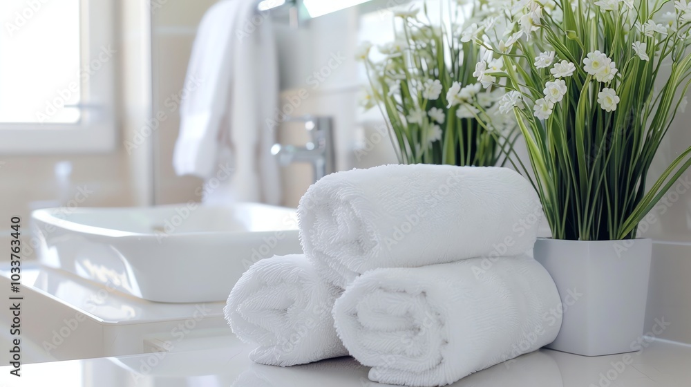 A bathroom with a sink and towels folded neatly on the counter. A bathroom with a sink and towels folded neatly on the counter.