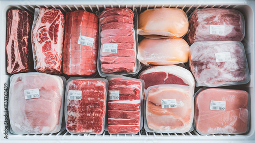 Fresh cuts of meat are neatly organized in freezer drawer, showcasing variety of packaged options including beef, pork, and chicken. This highlights abundance and variety of meats available for meal