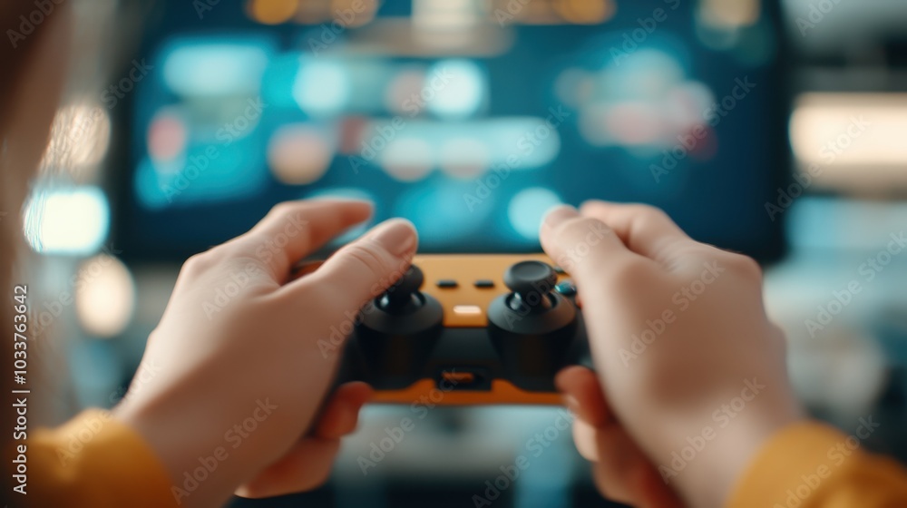 Close-up of hands gripping a contrasting orange and black gaming controller in front of a softly blurred screen, illustrating intense concentration and engagement. Close-up of hands gripping a contrasting orange and black gaming controller in front of a softly blurred screen, illustrating intense concentration and engagement.