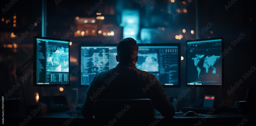 A professional late-night setting with an engineer working in front of multiple screens displaying complex data, highlighting a high-tech, intense work environment. A professional late-night setting with an engineer working in front of multiple screens displaying complex data, highlighting a high-tech, intense work environment.