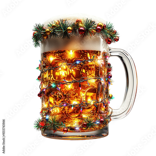 Festive beer mug adorned with holiday decorations and lights, perfect for celebrating festive occasions and events.