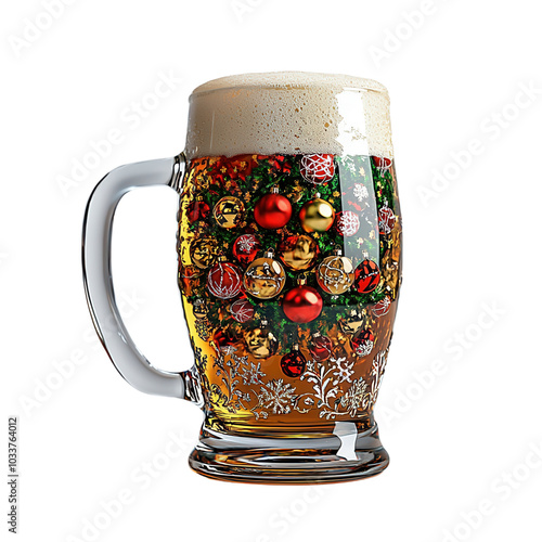 Festive beer mug filled with frothy beverage, decorated with Christmas ornaments for a joyful holiday celebration. photo