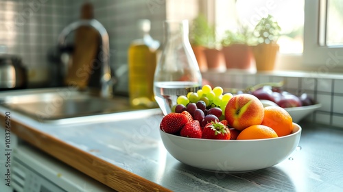 A bowl of fresh fruit on a kitchen counter, with a glass of water and a blurred background of a kitchen.