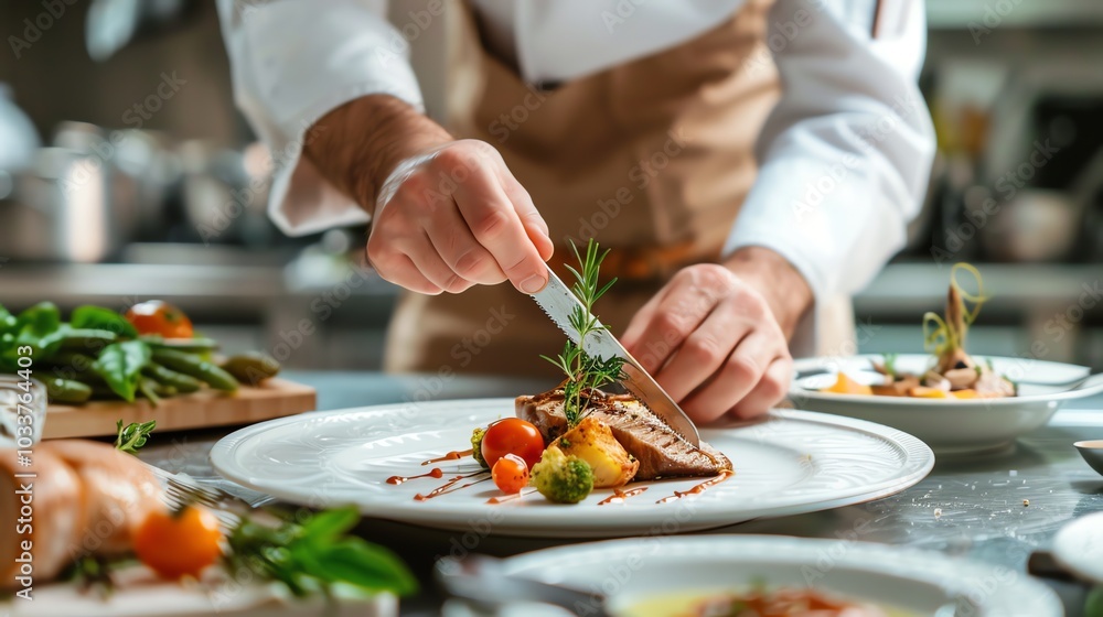 A chef plating a dish with a knife. A chef plating a dish with a knife.