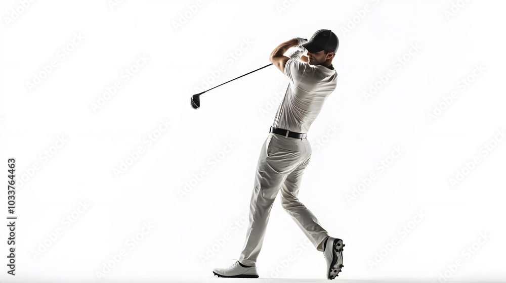 one caucasian man golfer golfing in studio isolated on white background. one caucasian man golfer golfing in studio isolated on white background.