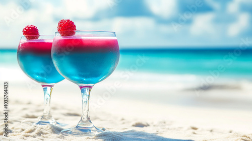 Tropical Beach Cocktails with Raspberries on White Sand