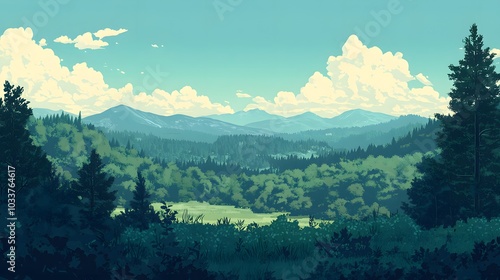 A flat vector illustration of a beautiful forest landscape with mountains in the background, featuring a green and blue color palette