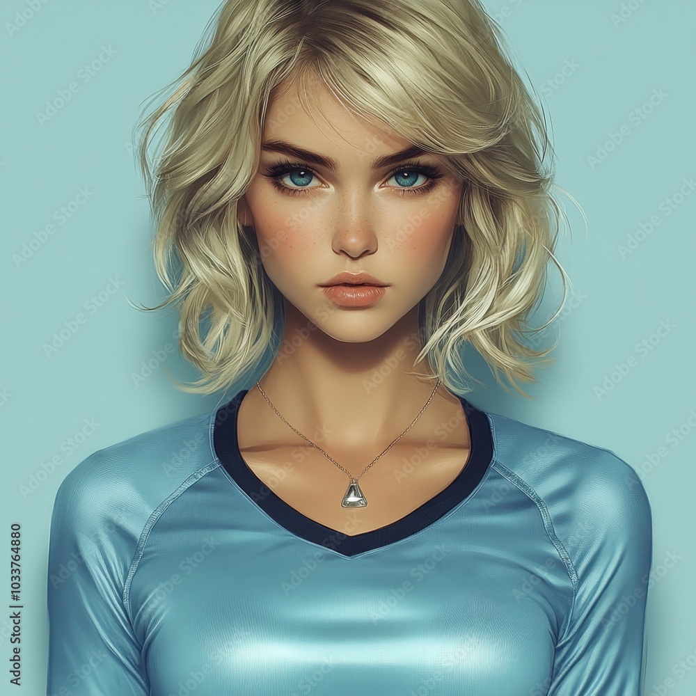Captivating young woman with striking blue eyes poses elegantly in a stylish light blue shirt Captivating young woman with striking blue eyes poses elegantly in a stylish light blue shirt