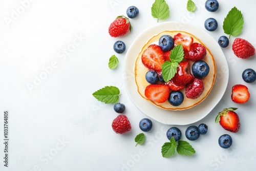 Pancake topped with fresh fruit. Perfect for advertising breakfast foods or healthy eating.