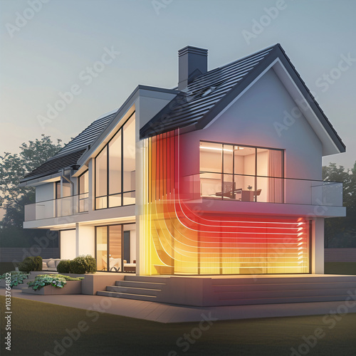 Holographic graph on the background of the house, smart house, thermal bridges, thermal losses in windows, lack of thermal insulation continuity. prevention of thermal drops