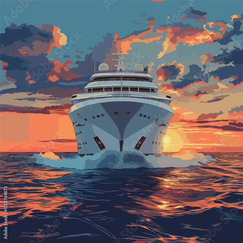 Cruise ship passing by head on, dusk ocean vector illustration