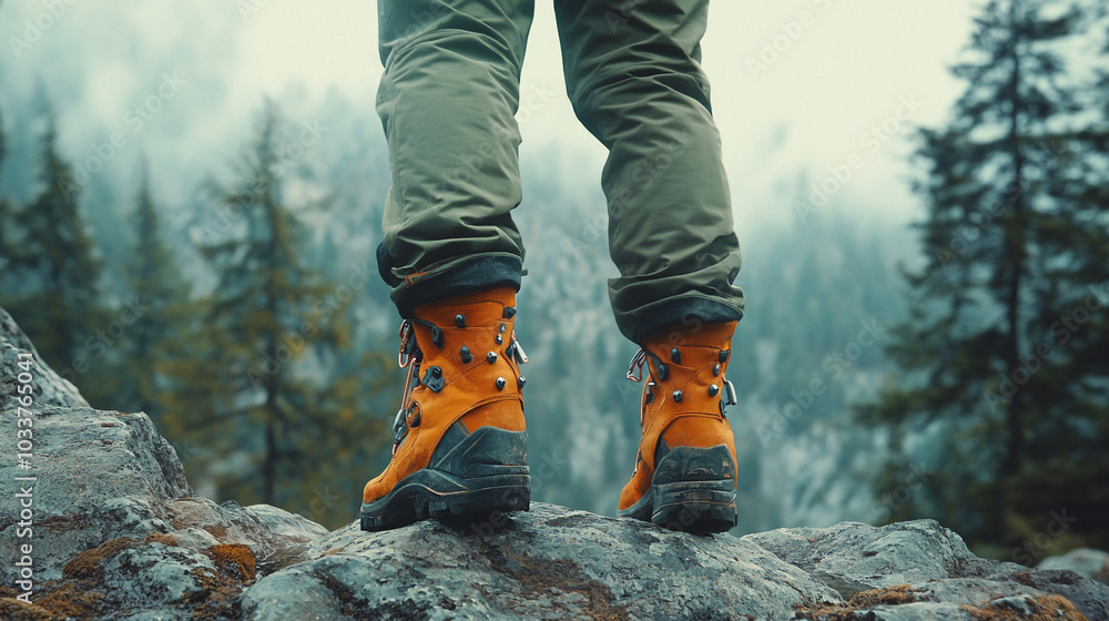 Hiking Boots on Rocky Mountain Trail in Foggy Forest Hiking Boots on Rocky Mountain Trail in Foggy Forest