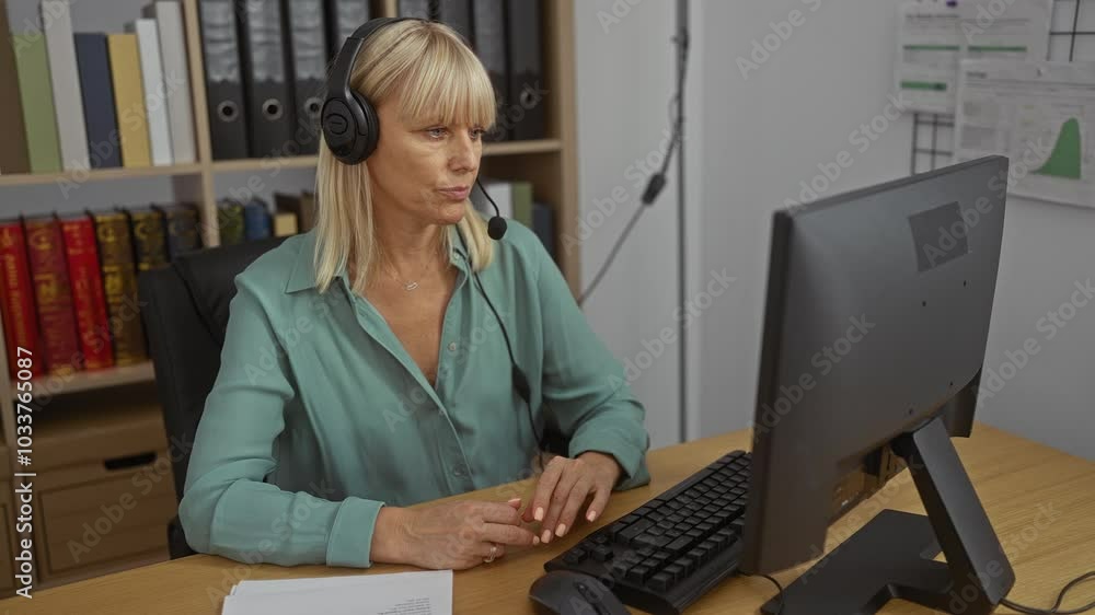 Middle-aged woman with blonde hair using a headset while working on a computer in an office setting with shelves of files and books in the background Middle-aged woman with blonde hair using a headset while working on a computer in an office setting with shelves of files and books in the background