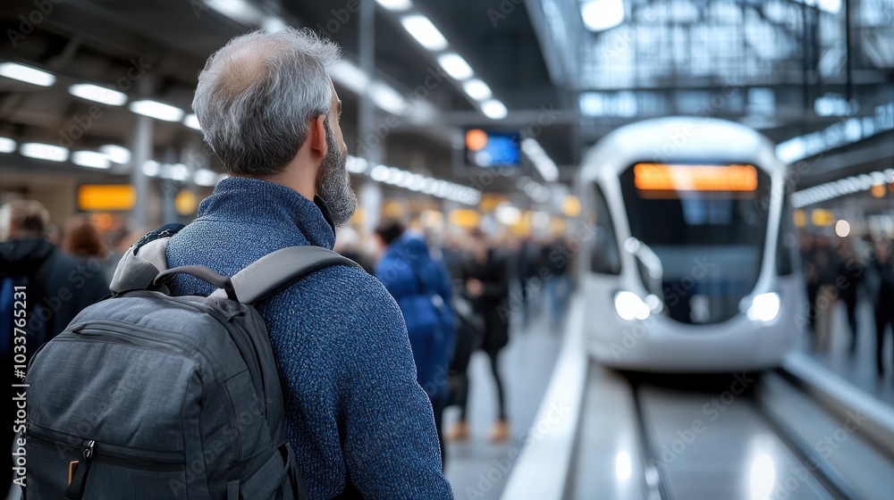 A commuter with a backpack observes the train movements in a crowded urban station, representing dynamic city life and the essence of daily routines. A commuter with a backpack observes the train movements in a crowded urban station, representing dynamic city life and the essence of daily routines.
