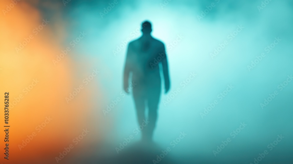 A shadowy figure walks through contrasting blue and orange fog, portraying mystery and intrigue in a surreal, dreamlike setting filled with potential tension. A shadowy figure walks through contrasting blue and orange fog, portraying mystery and intrigue in a surreal, dreamlike setting filled with potential tension.