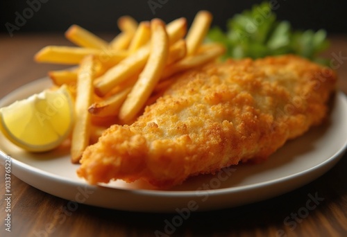 Professional food photography of a beer battered fish fillet and thick cut chips, served with a wedge of lemon