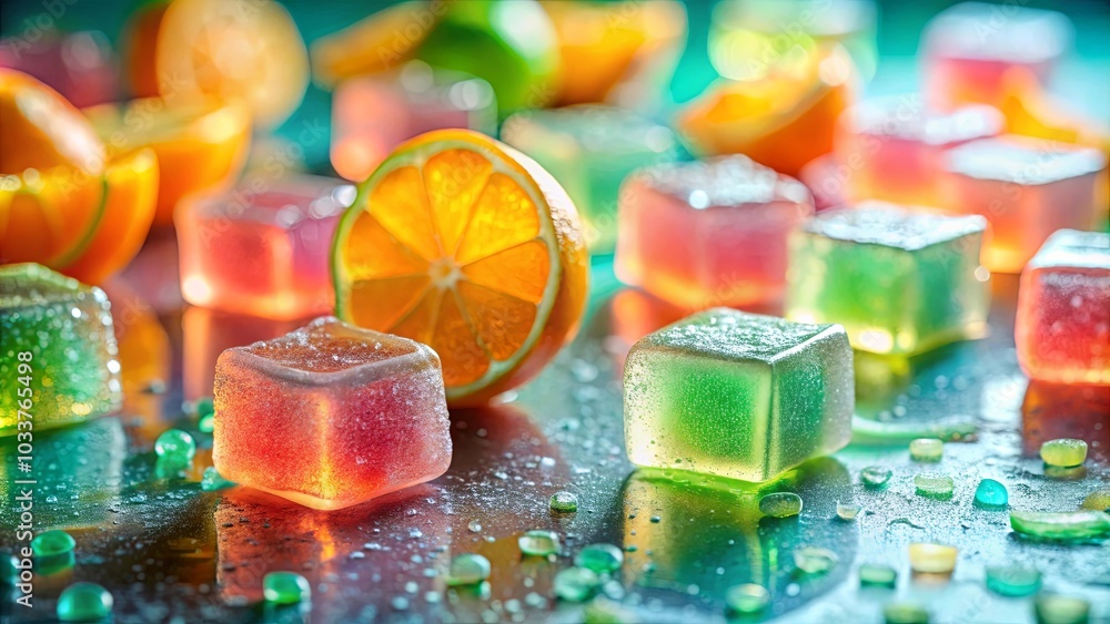 A vibrant collection of colorful gelatin cubes with a citrus twist, glistening with condensation on a reflective surface. A vibrant collection of colorful gelatin cubes with a citrus twist, glistening with condensation on a reflective surface.