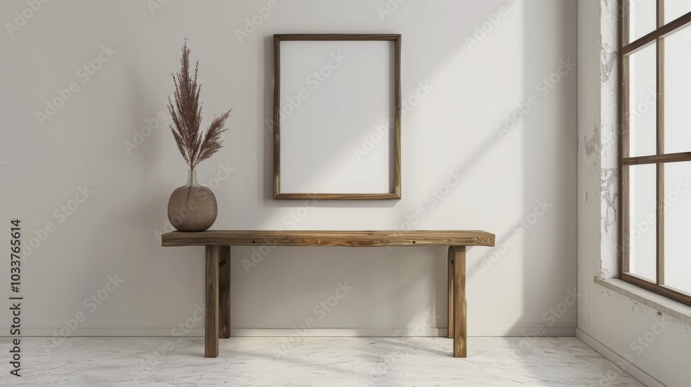 A contemporary home office with white walls and a wooden desk. The desk has a blank picture frame and a small potted succulent. Bright A contemporary home office with white walls and a wooden desk. The desk has a blank picture frame and a small potted succulent. Bright