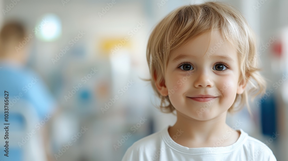 A blond child, dressed in a white shirt, is captured with a gentle smile on their face, set against a softly blurred indoor background offering a serene ambiance. A blond child, dressed in a white shirt, is captured with a gentle smile on their face, set against a softly blurred indoor background offering a serene ambiance.