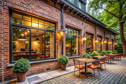 Modern Cozy Café with Red Brick Exterior Design, Architectural Photography, Contemporary Café, Urban Design, Cozy Atmosphere, Stylish Outdoor Seating, Brick Facade, Café Aesthetic