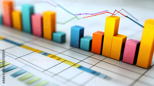 vibrant detailed graph with multiple line charts overlaid on a bar chart, set against a grid on a white background, representing data analysis 