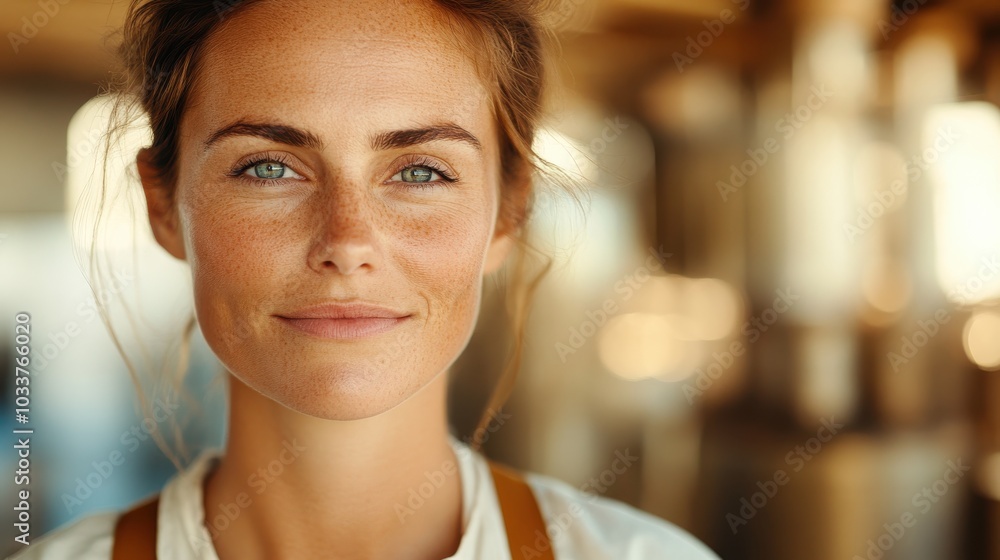 A woman with freckles and a thoughtful expression stands in an atmospheric industrial environment, revealing an interplay of light and shadow across her face. A woman with freckles and a thoughtful expression stands in an atmospheric industrial environment, revealing an interplay of light and shadow across her face.