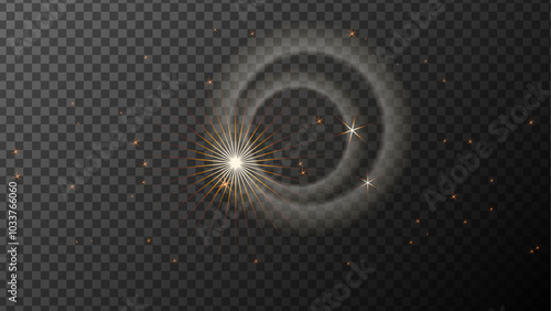 Fiery circles show total, partial sun. Swirling dust particles ethereal cosmic atmosphere. Radiance flash rays Gold Glow Star. Collection of different light effects. Set of Transparent background.