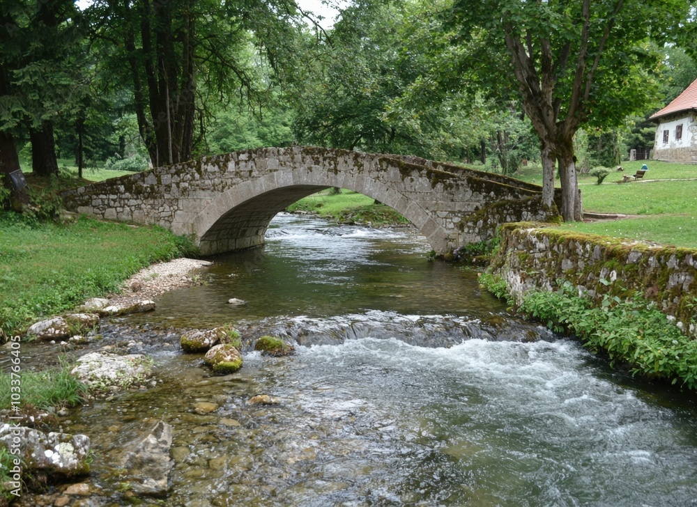 Fototapeta premium A charming stone bridge crossing a clear stream in a tranquil forested park setting