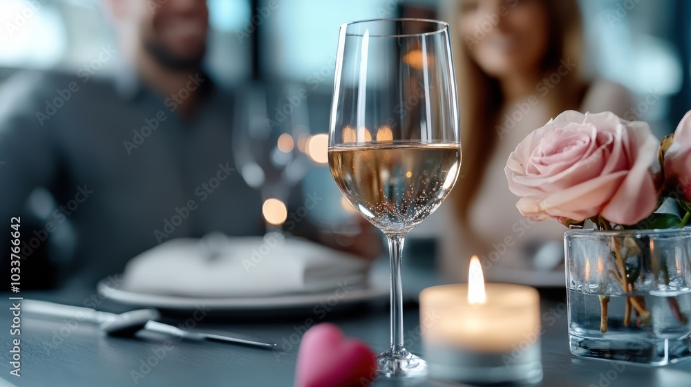A romantic table setting with a wine glass, lit candle, and pink roses, designed for an intimate dining experience with warmth and elegance. A romantic table setting with a wine glass, lit candle, and pink roses, designed for an intimate dining experience with warmth and elegance.