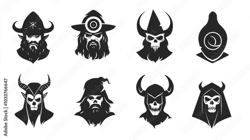 Black and White Skull Heads Set for Design Game or App Illustration Black and White Skull Heads Set for Design Game or App Illustration