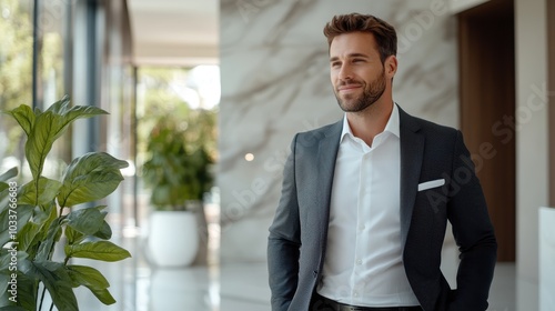 A man clad in a formal navy suit stands confidently in an elegantly designed marble hallway, projecting a sense of professionalism, success, and modern sophistication. photo