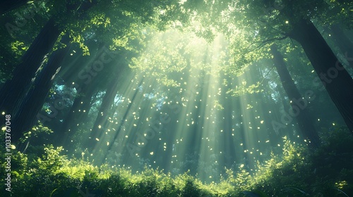 A mystical forest scene features soft, diffused light cascading through treetops, emphasizing lush greenery and dappled lighting that invites viewers into this enchanting natural realm.