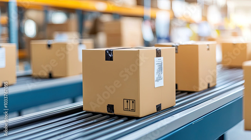Cardboard box on conveyor belt in modern warehouse setting