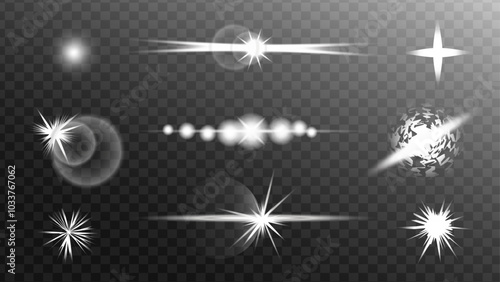 Silver bright explosion of lens flare. Silver star set. Lights flare, star flash light, sun rays. Glowing light effect.Light rays of light set. Silver color with glare and flashes isolated.