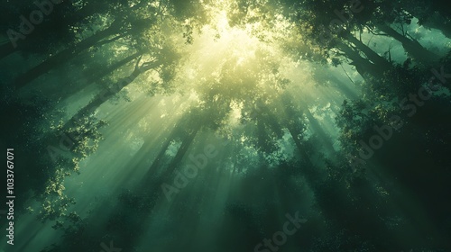 A mystical forest scene features soft, diffused light cascading through treetops, emphasizing lush greenery and dappled lighting that invites viewers into this enchanting natural realm.