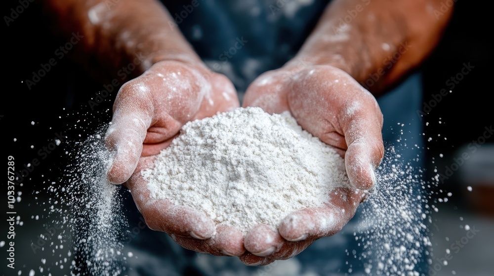An image illustrating the handling of fine white powder, showing a baker holding flour, emphasizing the tactile nature and preparation required in baking. An image illustrating the handling of fine white powder, showing a baker holding flour, emphasizing the tactile nature and preparation required in baking.
