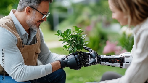 A human and a robot work together to plant a small tree, symbolizing the convergence of human effort and robotic assistance in nurturing the environment. photo