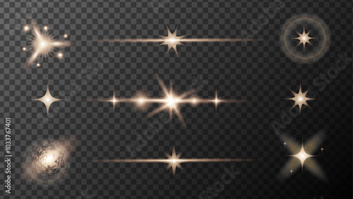 Light flares set. Sparkling Shine glowing stars. Vector glowing star light effect. Glitter luxury star, Confetti, sequins, dust, sparks on transparent background. 