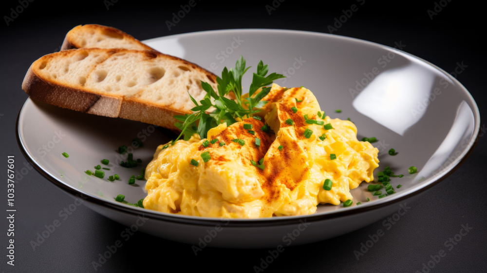 Soft scrambled eggs in a minimalistic bowl with toast on the side. Soft scrambled eggs in a minimalistic bowl with toast on the side.